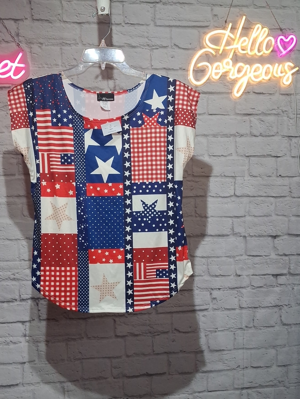 🔥Patchwork Starprint Short-Sleeve Blouse - Red, White & Blue